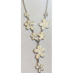 White Enamel Flower Silver Tone Necklace Y Shape Floral Design 19" Long